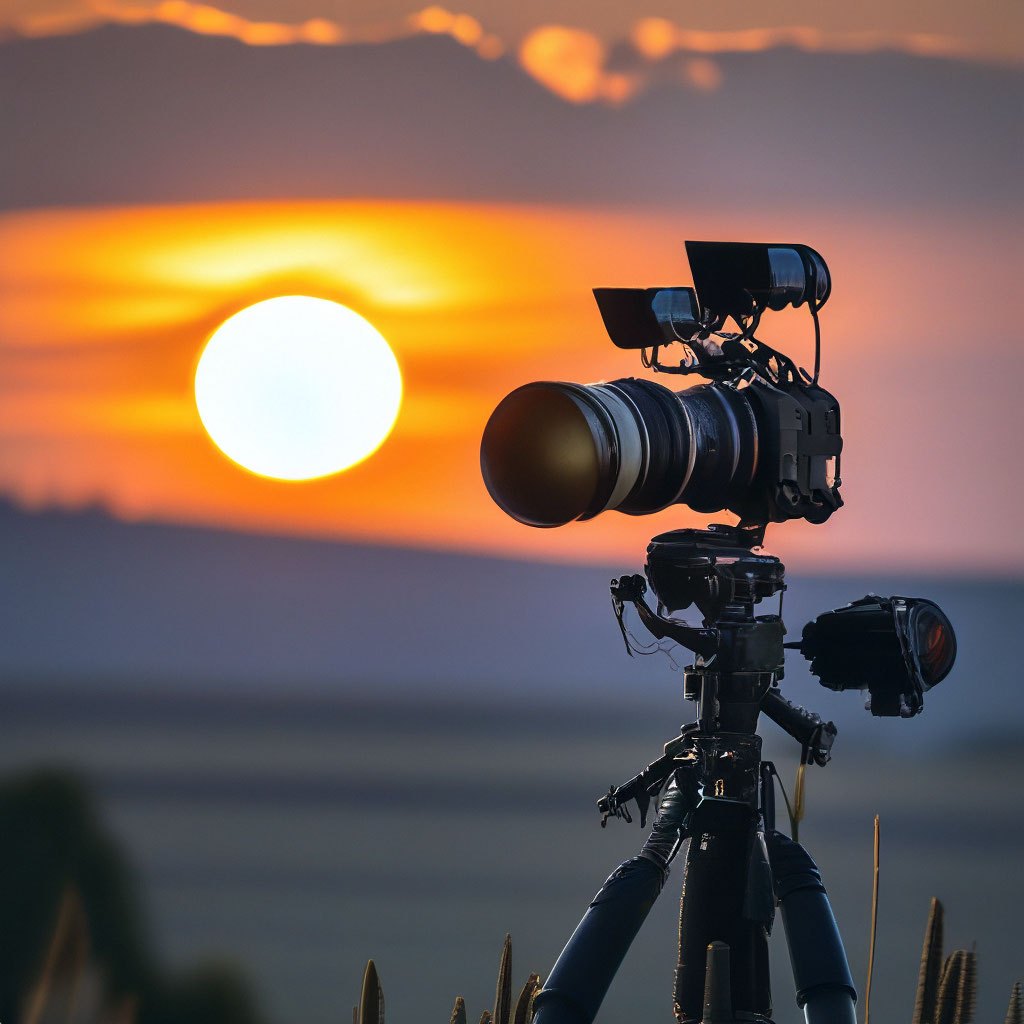 Фотоаппарат на штативе на фоне заката